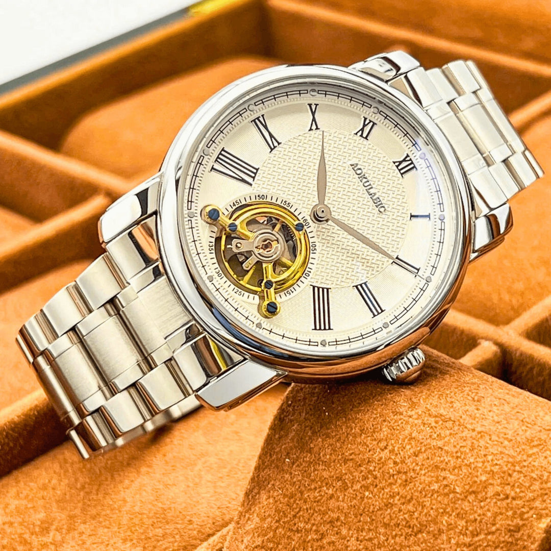 Molvana - Gentleman’s Tourbillon Watch - 14:29#Steel Silver White