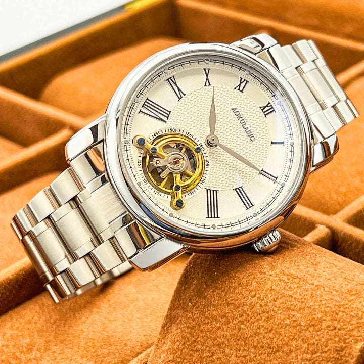 Molvana - Gentleman’s Tourbillon Watch - 14:29#Steel Silver White