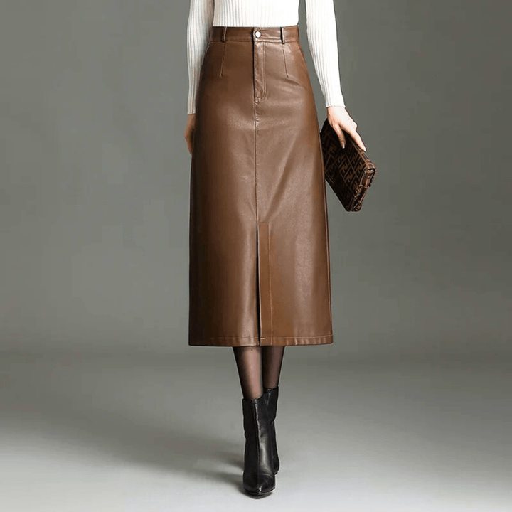 Molvana - Liora High - Waist Leather Skirt - 14:771#Coffee;5:4183