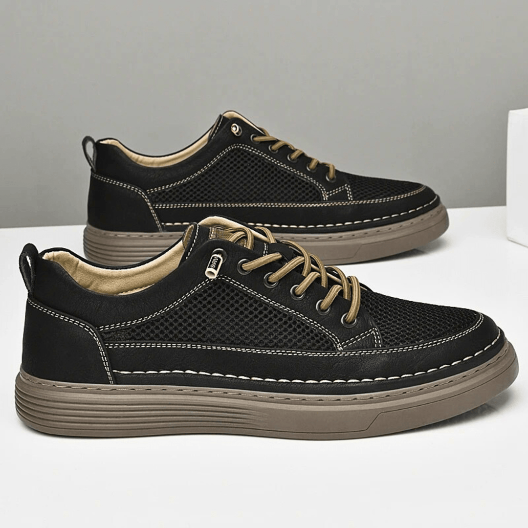Nortvale - AirMesh Genuine Leather Sneakers - 14:193#Black;200000124:200000334