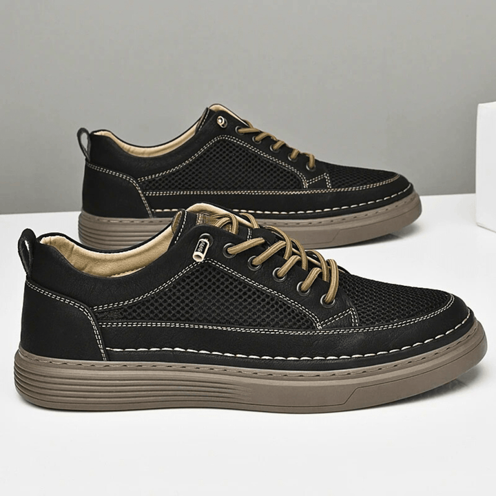 Nortvale - AirMesh Genuine Leather Sneakers - 14:193#Black;200000124:200000334