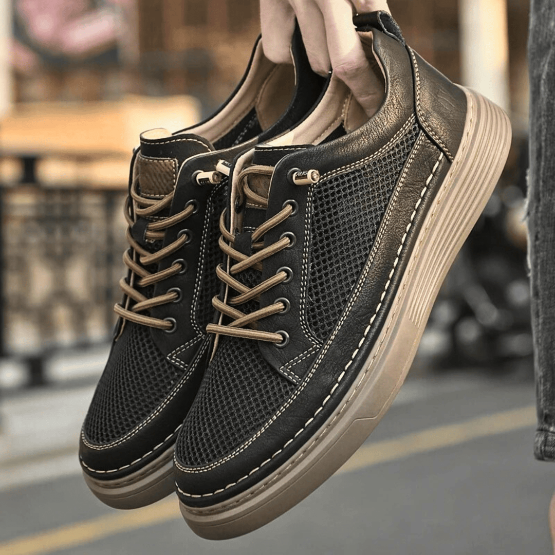Nortvale - AirMesh Genuine Leather Sneakers - 14:193#Black;200000124:200000334
