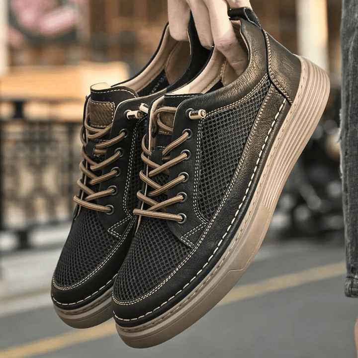 Nortvale - AirMesh Genuine Leather Sneakers - 14:193#Black;200000124:200000334
