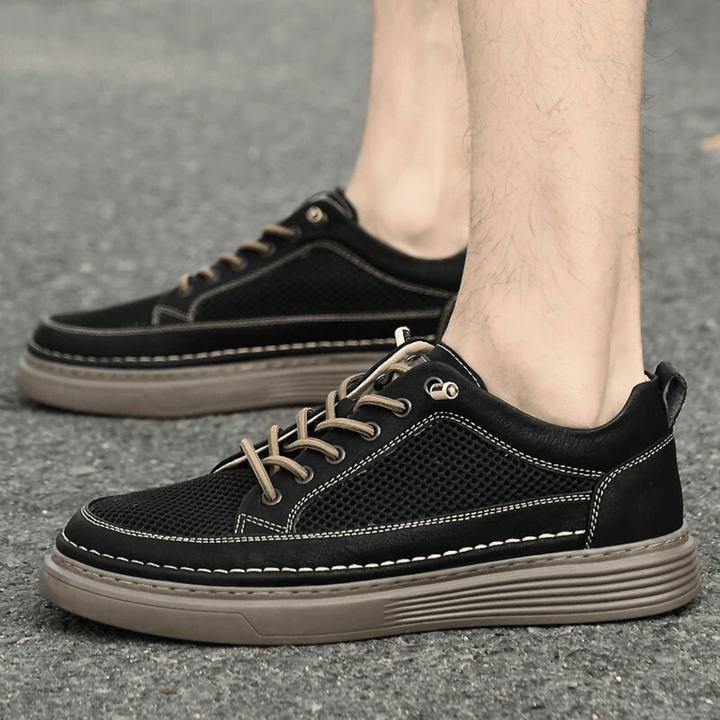 Nortvale - AirMesh Genuine Leather Sneakers - 14:193#Black;200000124:200000334