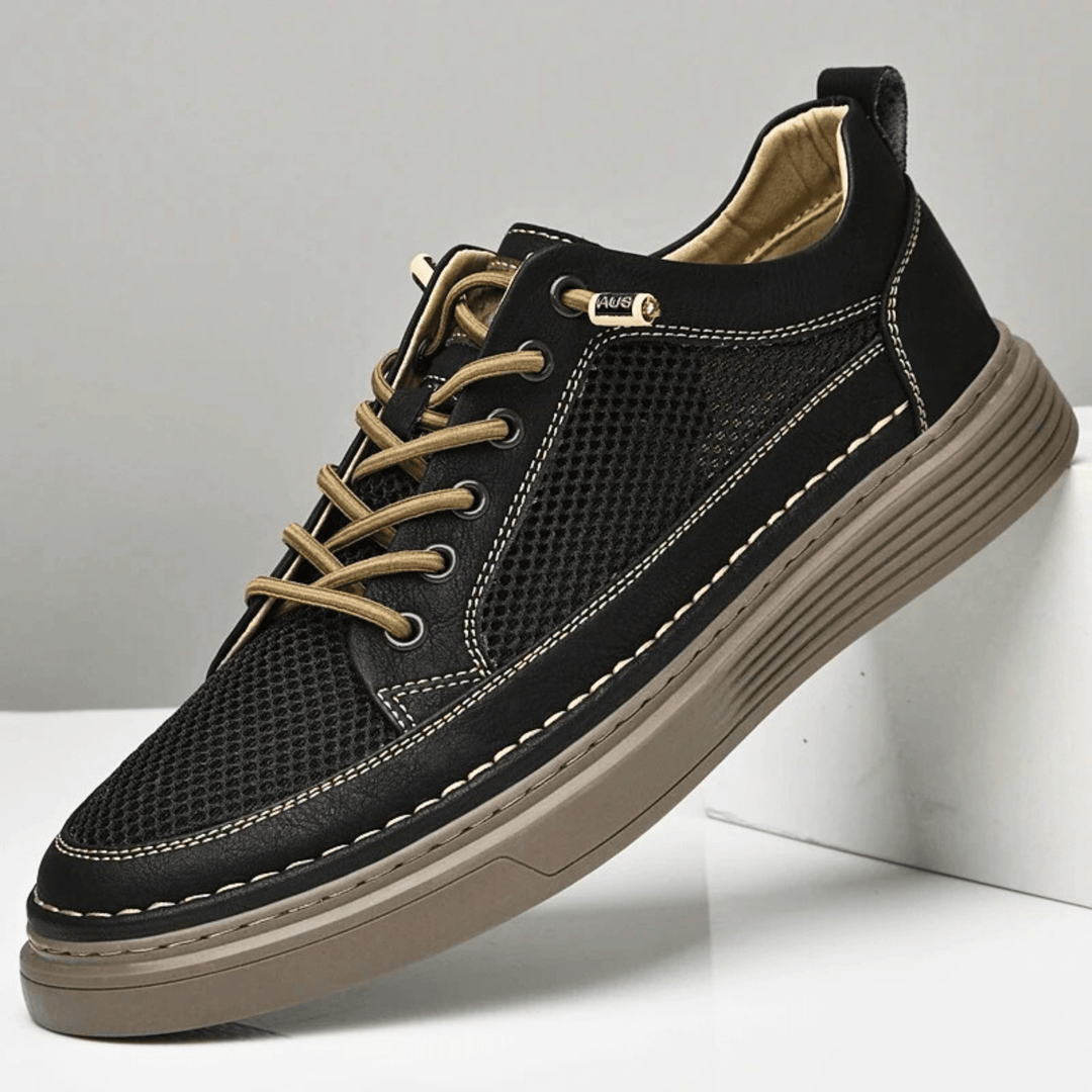 Nortvale - AirMesh Genuine Leather Sneakers - 14:193#Black;200000124:200000334