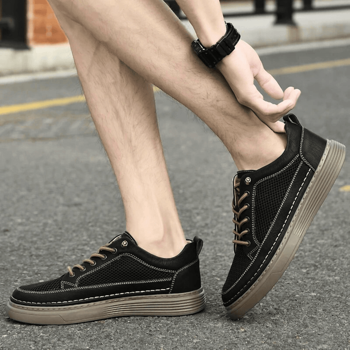 Nortvale - AirMesh Genuine Leather Sneakers - 14:193#Black;200000124:200000334