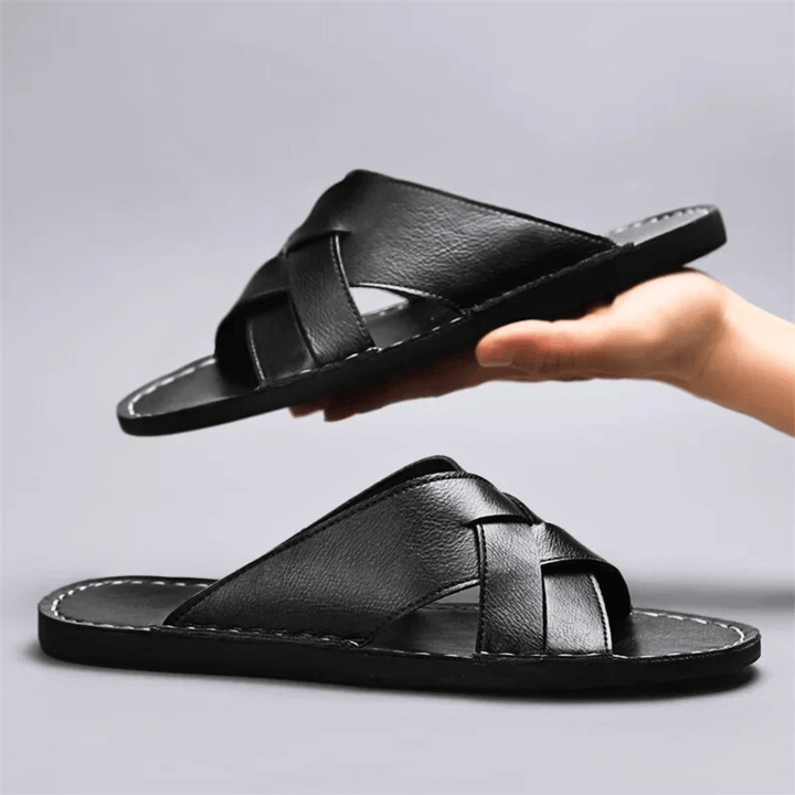 Nortvale - Genuine Leather Beach Slippers - 14:193#Black;200000124:200000898