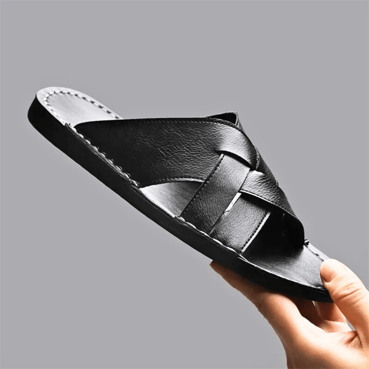 Nortvale - Genuine Leather Beach Slippers - 14:193#Black;200000124:200000898