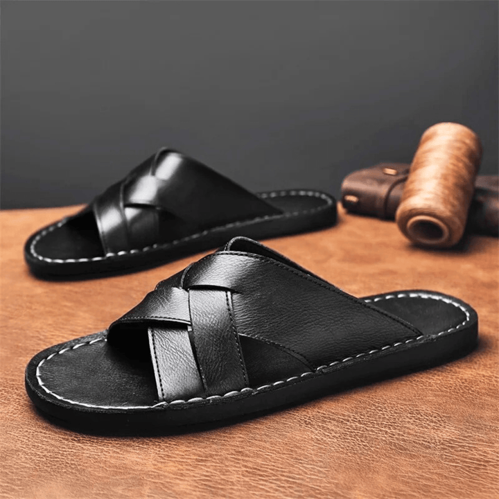 Nortvale - Genuine Leather Beach Slippers - 14:193#Black;200000124:200000898