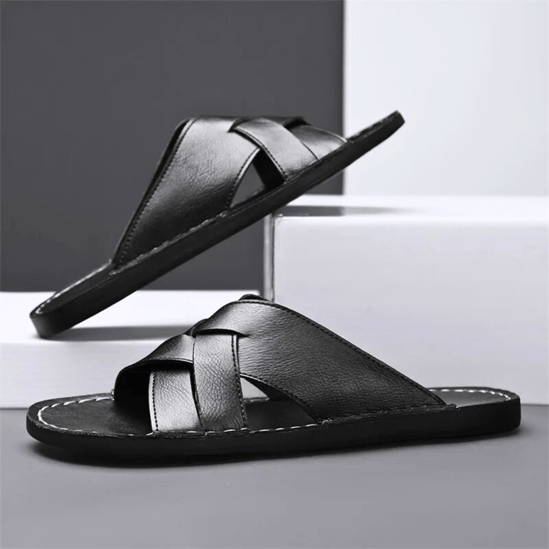 Nortvale - Genuine Leather Beach Slippers - 14:193#Black;200000124:200000898