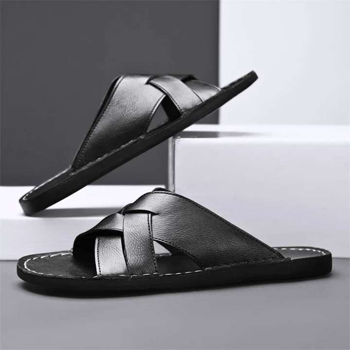 Nortvale - Genuine Leather Beach Slippers - 14:193#Black;200000124:200000898