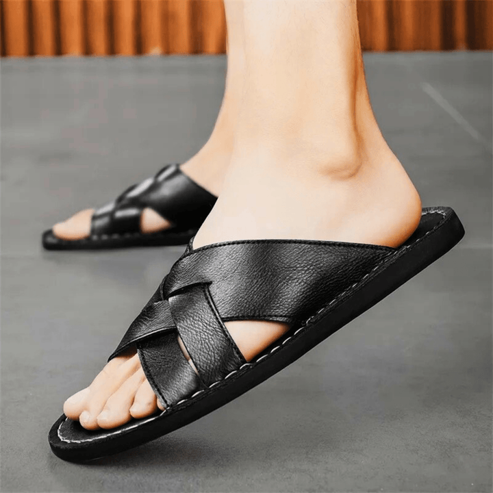 Nortvale - Genuine Leather Beach Slippers - 14:193#Black;200000124:200000898