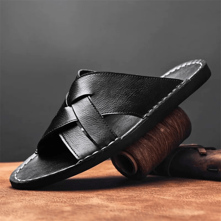 Nortvale - Genuine Leather Beach Slippers - 14:193#Black;200000124:200000898