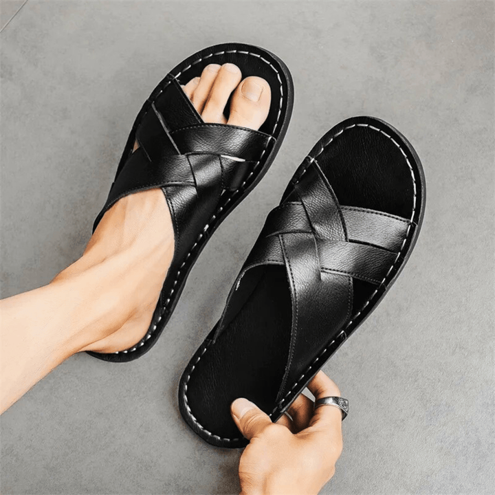 Nortvale - Genuine Leather Beach Slippers - 14:193#Black;200000124:200000898