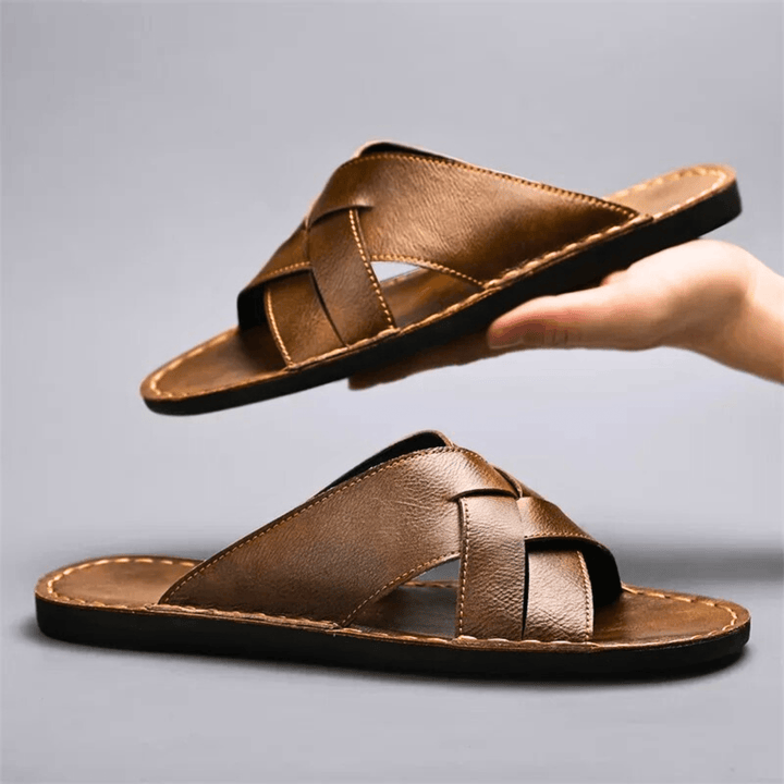 Nortvale - Genuine Leather Beach Slippers - 14:365458#Brown;200000124:200000898