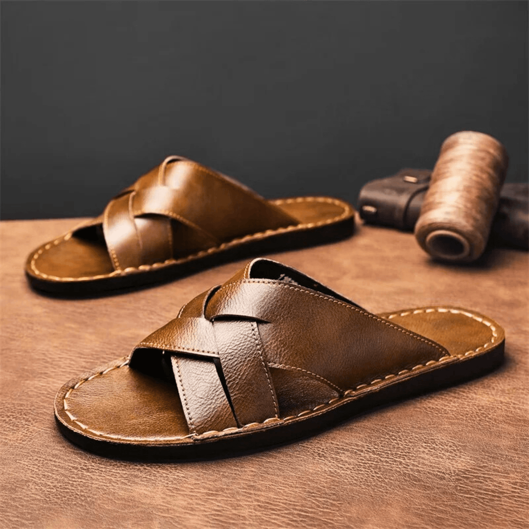 Nortvale - Genuine Leather Beach Slippers - 14:365458#Brown;200000124:200000898
