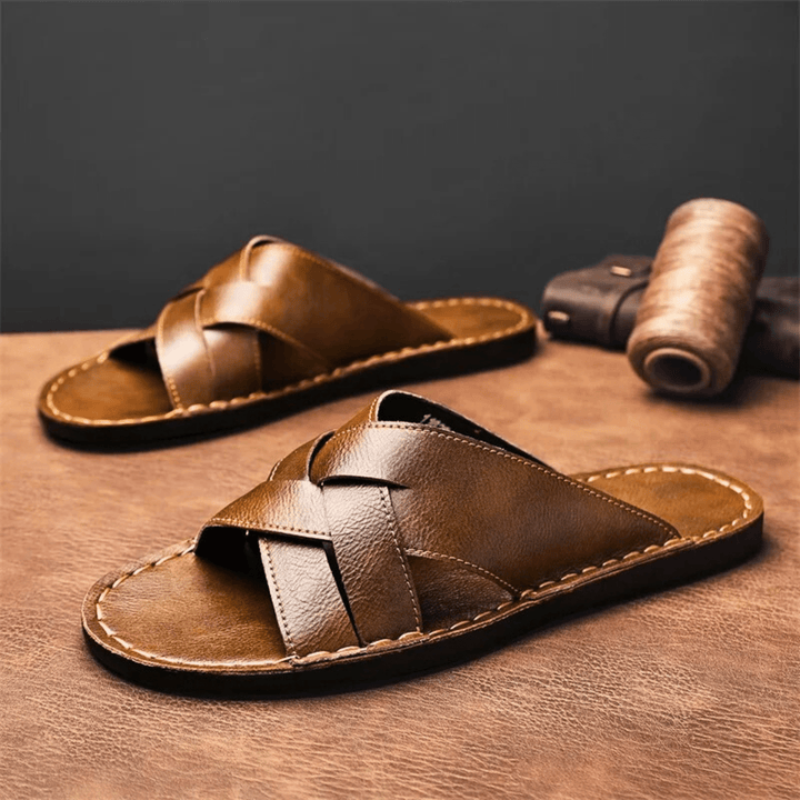 Nortvale - Genuine Leather Beach Slippers - 14:365458#Brown;200000124:200000898