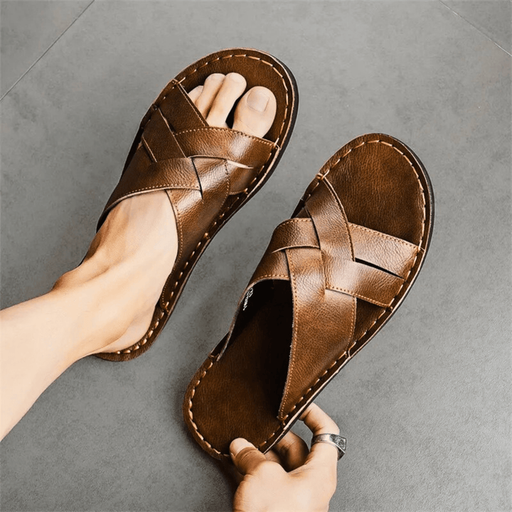 Nortvale - Genuine Leather Beach Slippers - 14:365458#Brown;200000124:200000898