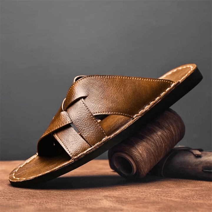 Nortvale - Genuine Leather Beach Slippers - 14:365458#Brown;200000124:200000898