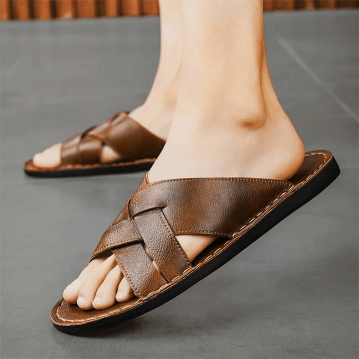 Nortvale - Genuine Leather Beach Slippers - 14:365458#Brown;200000124:200000898