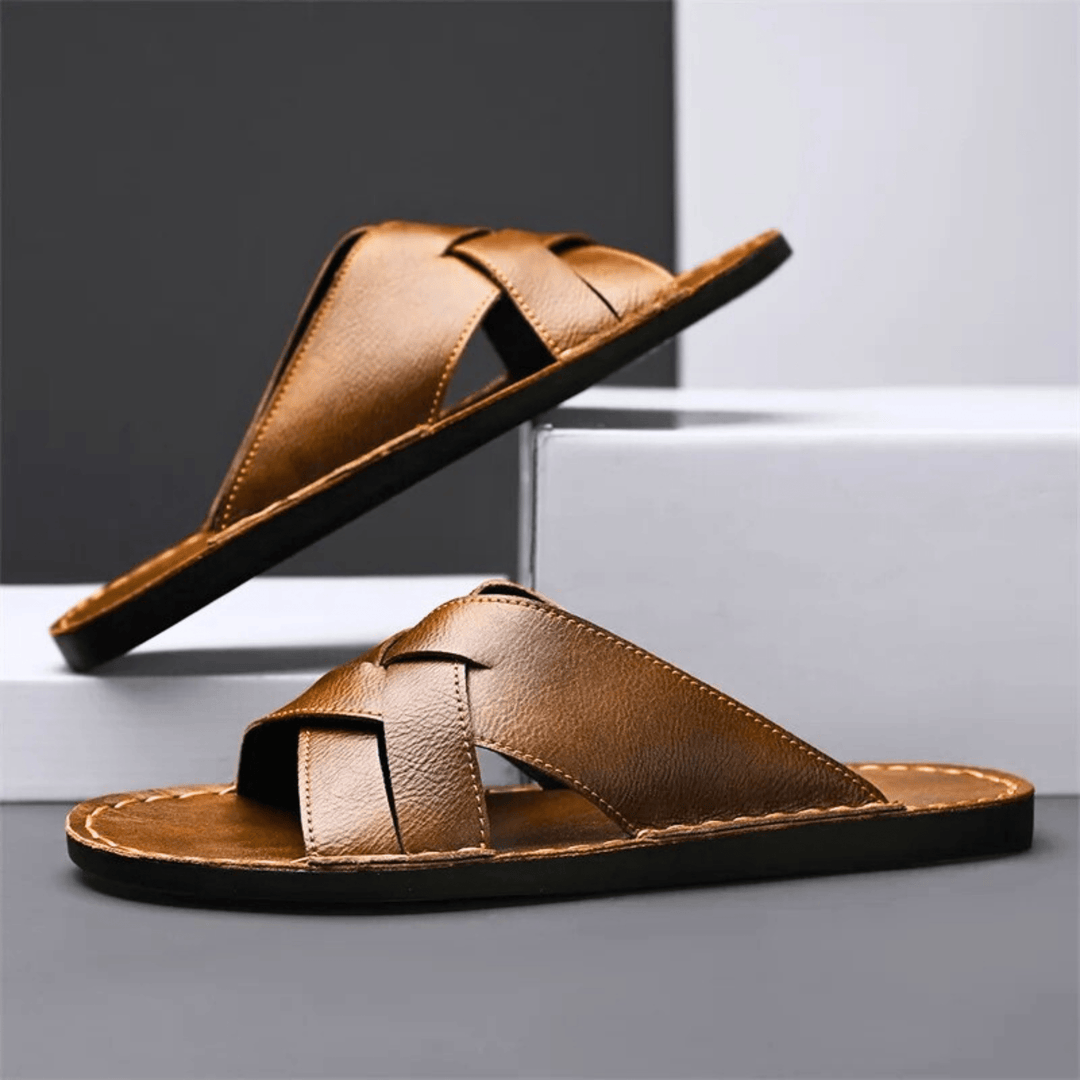 Nortvale - Genuine Leather Beach Slippers - 14:365458#Brown;200000124:200000898