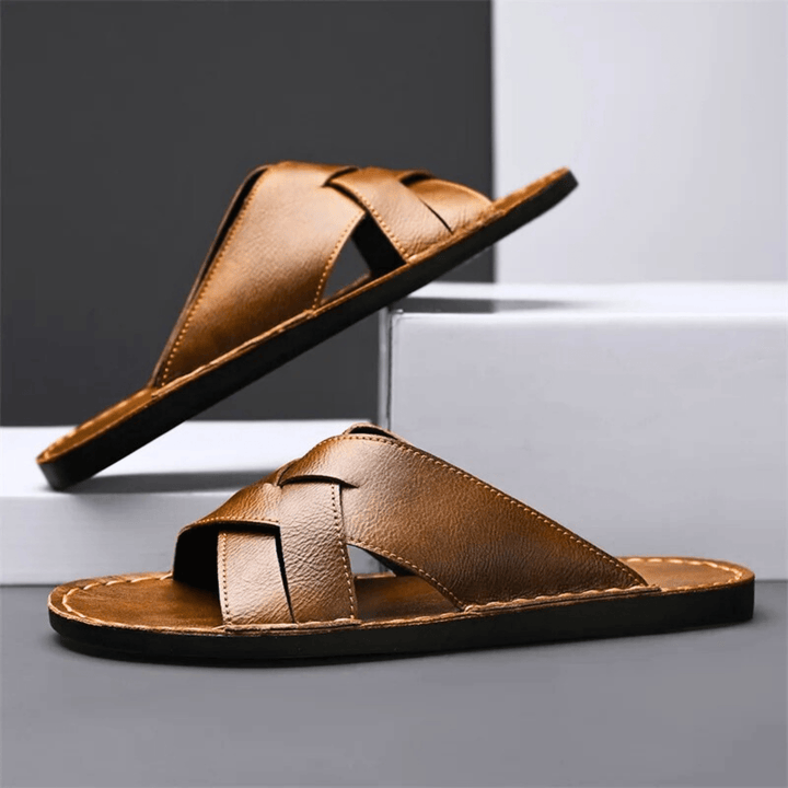 Nortvale - Genuine Leather Beach Slippers - 14:365458#Brown;200000124:200000898