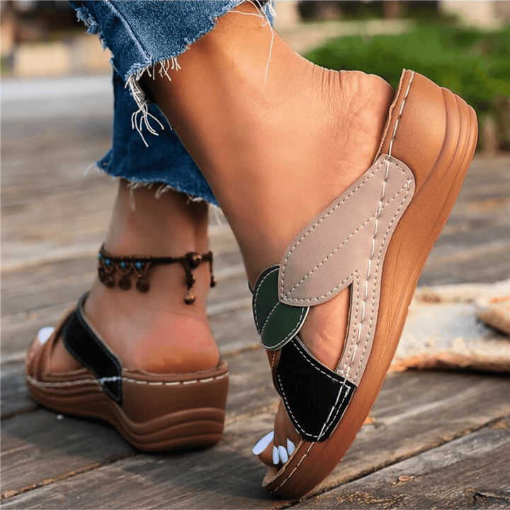 Nortvale - Retro Leather Wedge Sandals - 14:193#Black;200000124:200000334